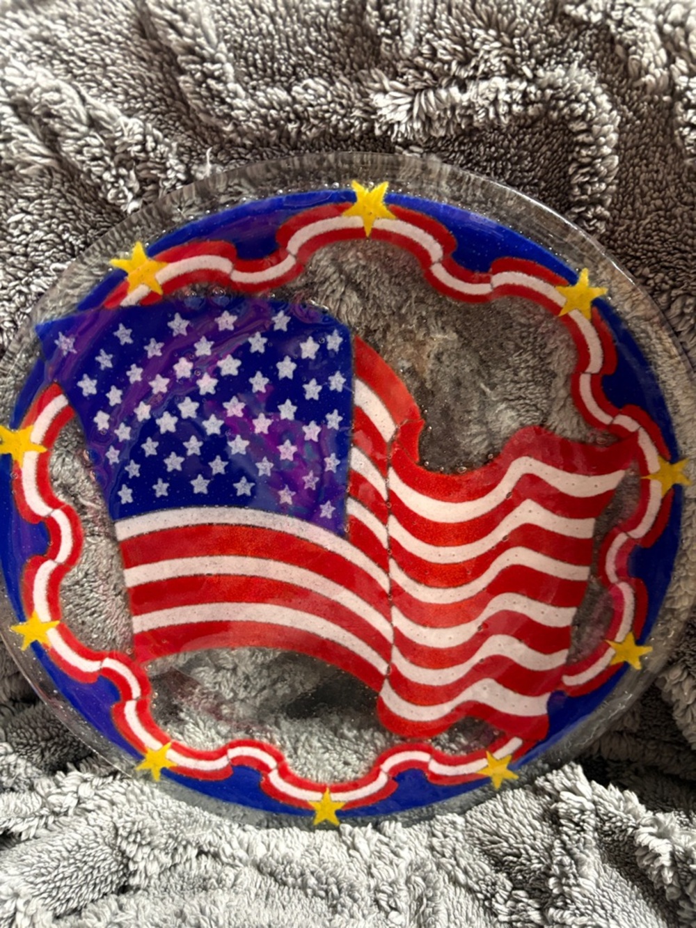 Peggy Karr fused glass plate features a vibrant American flag